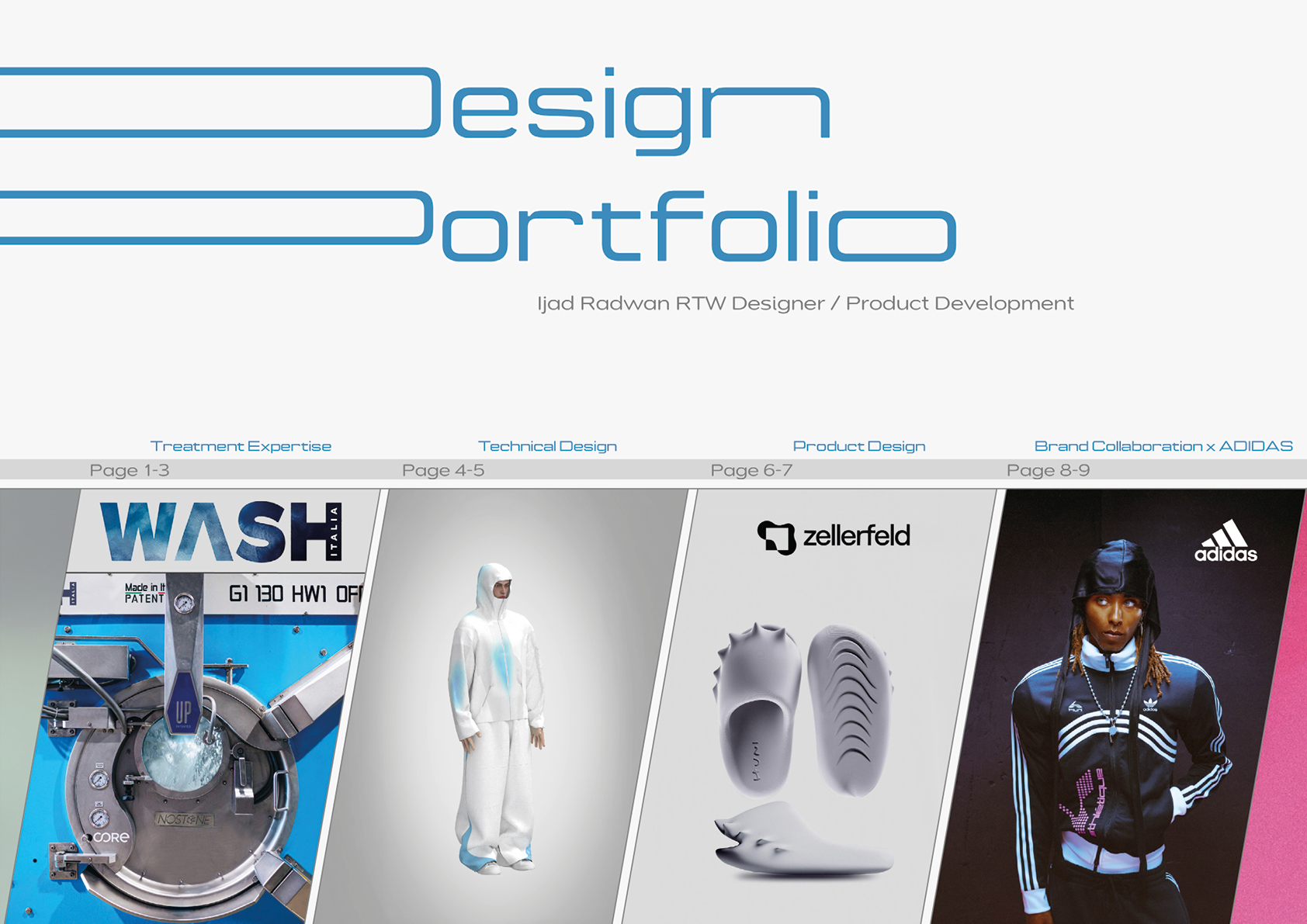 Design portfolio cover with four project categories.